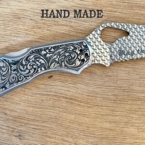 REAR FIND Unique hand engraved Harley Davidson Spyderco knife with laser engraved blade custom engraved motorcycle accessory shown in product photos by The Steel Canvas SKU KN-02