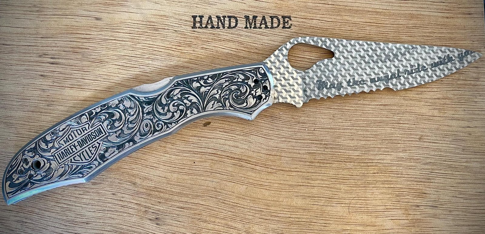 REAR FIND Unique hand engraved Harley Davidson Spyderco knife with laser engraved blade custom engraved motorcycle accessory shown in product photos by The Steel Canvas SKU KN-02