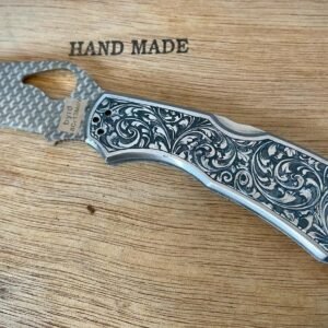 REAR FIND Unique hand engraved Harley Davidson Spyderco knife with laser engraved blade custom engraved motorcycle accessory shown in product photos by The Steel Canvas SKU KN-02