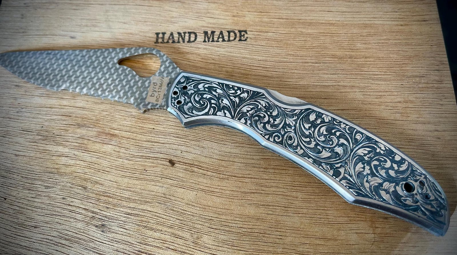 REAR FIND Unique hand engraved Harley Davidson Spyderco knife with laser engraved blade custom engraved motorcycle accessory shown in product photos by The Steel Canvas SKU KN-02