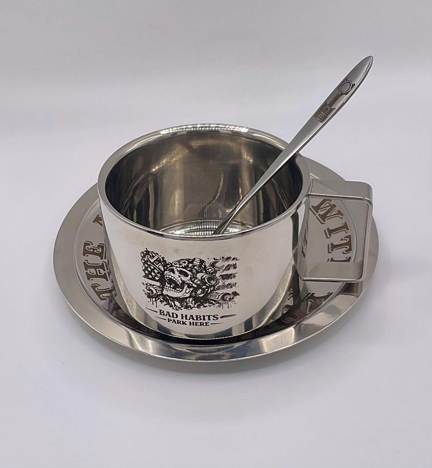 Skull Stainless Steel Coffee Mug Set custom engraved motorcycle accessory by The Steel Canvas SKU MEM-02