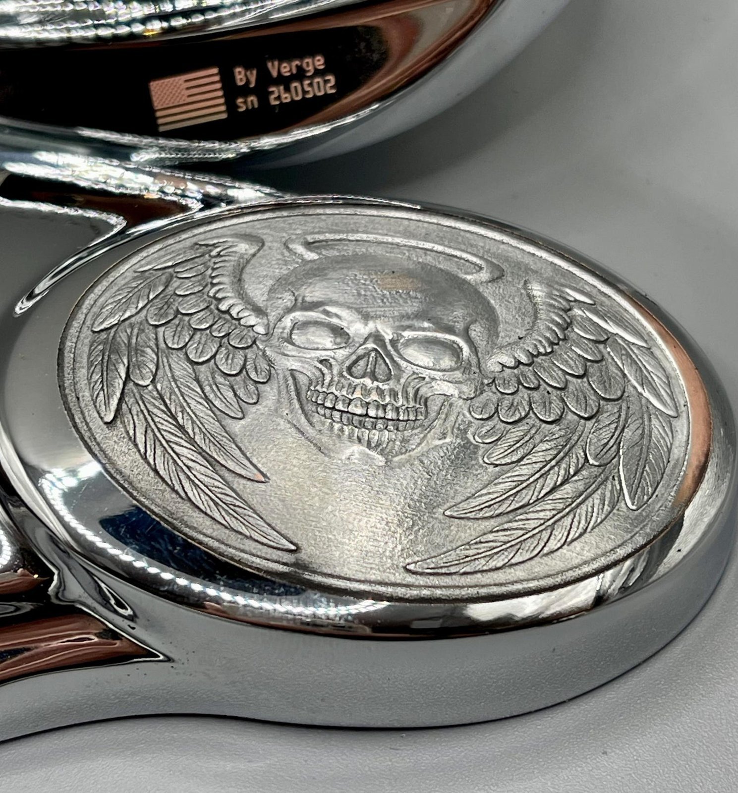Winged Skull Harley-Davidson Mirrors – Custom Chrome Motorcycle Set custom engraved motorcycle accessory by The Steel Canvas SKU HD-MIR-01