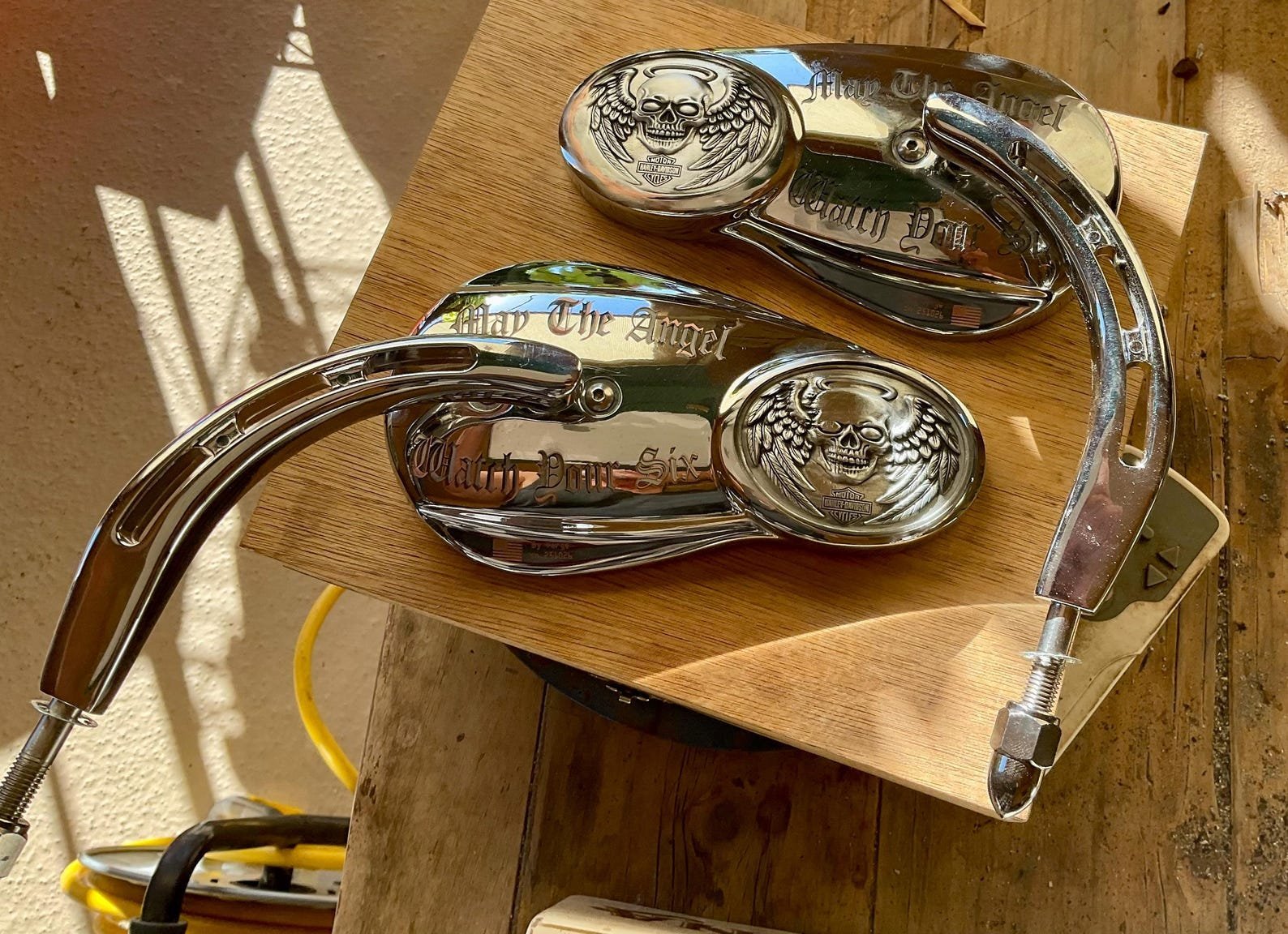 Winged Skull Harley-Davidson Mirrors – Custom Chrome Motorcycle Set custom engraved motorcycle accessory by The Steel Canvas SKU HD-MIR-01