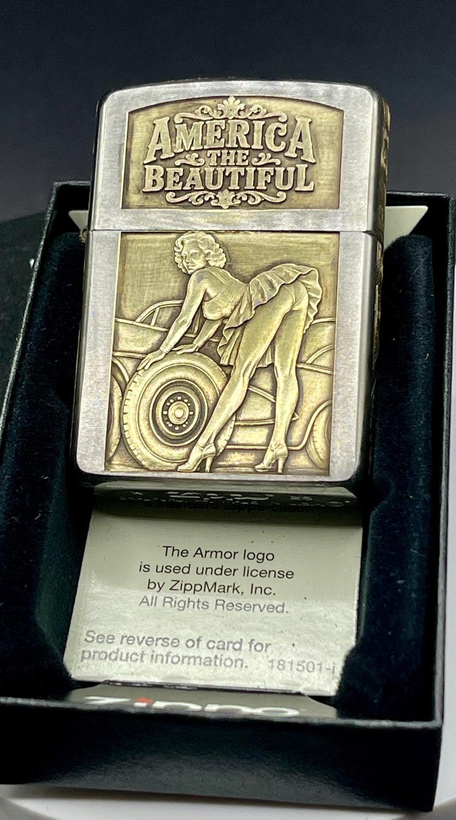 Engraved Zippo Lighter, America the Beautiful O. Verge Art, Limited Edition Numbered Route 66 Pin-Up Collectible custom engraved motorcycle accessory shown in product photos by The Steel Canvas SKU ZIP-AMER-01