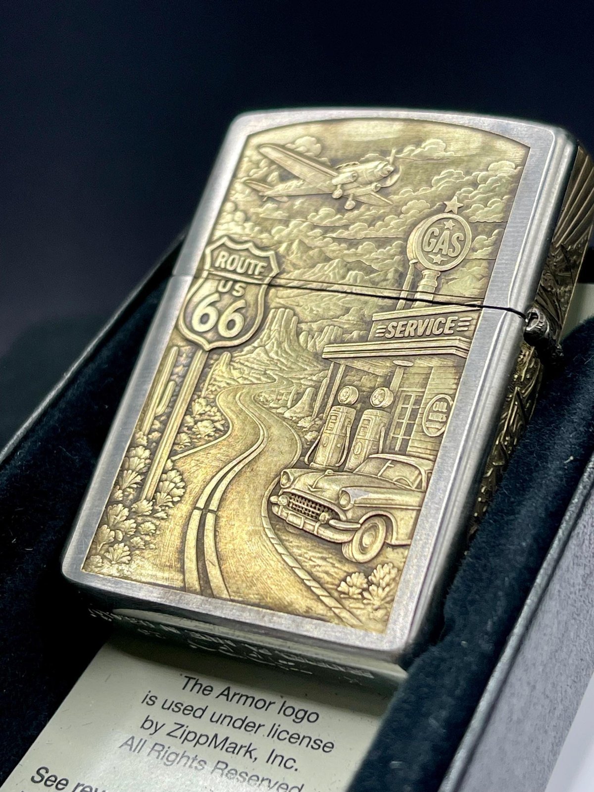 Engraved Zippo Lighter, America the Beautiful O. Verge Art, Limited Edition Numbered Route 66 Pin-Up Collectible custom engraved motorcycle accessory shown in product photos by The Steel Canvas SKU ZIP-AMER-01