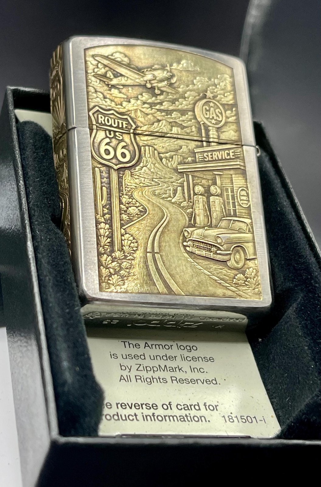 Engraved Zippo Lighter, America the Beautiful O. Verge Art, Limited Edition Numbered Route 66 Pin-Up Collectible custom engraved motorcycle accessory shown in product photos by The Steel Canvas SKU ZIP-AMER-01