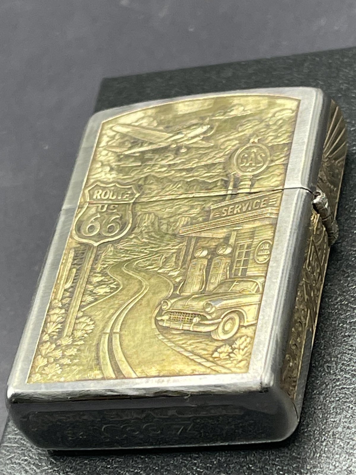 Engraved Zippo Lighter, America the Beautiful O. Verge Art, Limited Edition Numbered Route 66 Pin-Up Collectible custom engraved motorcycle accessory shown in product photos by The Steel Canvas SKU ZIP-AMER-01