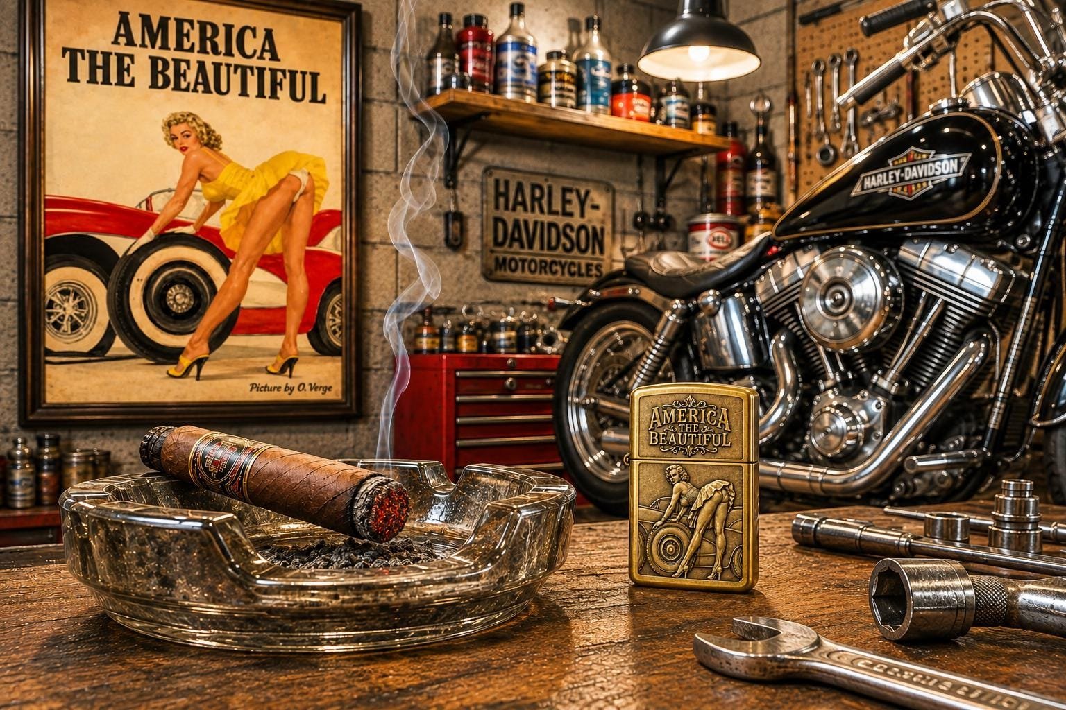 Engraved Zippo Lighter, America the Beautiful O. Verge Art, Limited Edition Numbered Route 66 Pin-Up Collectible custom engraved motorcycle accessory shown in product photos by The Steel Canvas SKU ZIP-AMER-01