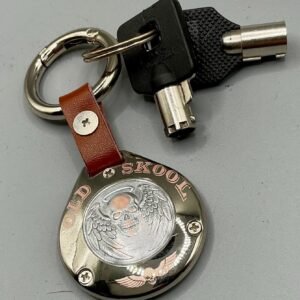 Harley “Old Skool” Sculpted AirTag Holder – Handmade Metal Keychain for Riders (AirTag Not Included) custom engraved motorcycle accessory shown in product photos by The Steel Canvas SKU HD-KEY-01