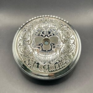 Hand Engraved Harley Air Cleaner Cover – Chicano Sugar Skull & Roses (Signed) custom engraved motorcycle accessory shown in product photos by The Steel Canvas SKU HD-AIR FILTER-01