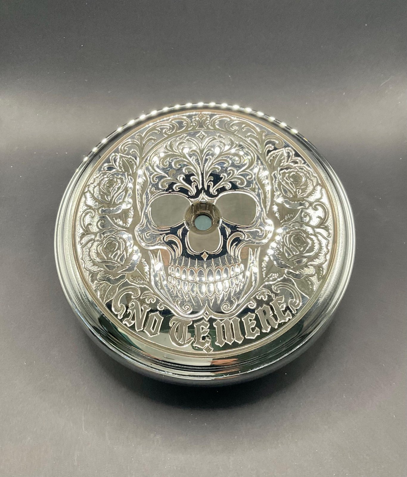 Hand Engraved Harley Air Cleaner Cover – Chicano Sugar Skull & Roses (Signed) custom engraved motorcycle accessory shown in product photos by The Steel Canvas SKU HD-AIR FILTER-01