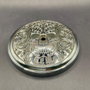 Hand Engraved Harley Air Cleaner Cover – Chicano Sugar Skull & Roses (Signed) custom engraved motorcycle accessory shown in product photos by The Steel Canvas SKU HD-AIR FILTER-01