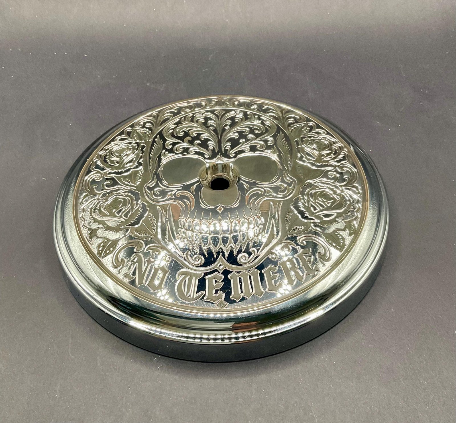 Hand Engraved Harley Air Cleaner Cover – Chicano Sugar Skull & Roses (Signed) custom engraved motorcycle accessory shown in product photos by The Steel Canvas SKU HD-AIR FILTER-01