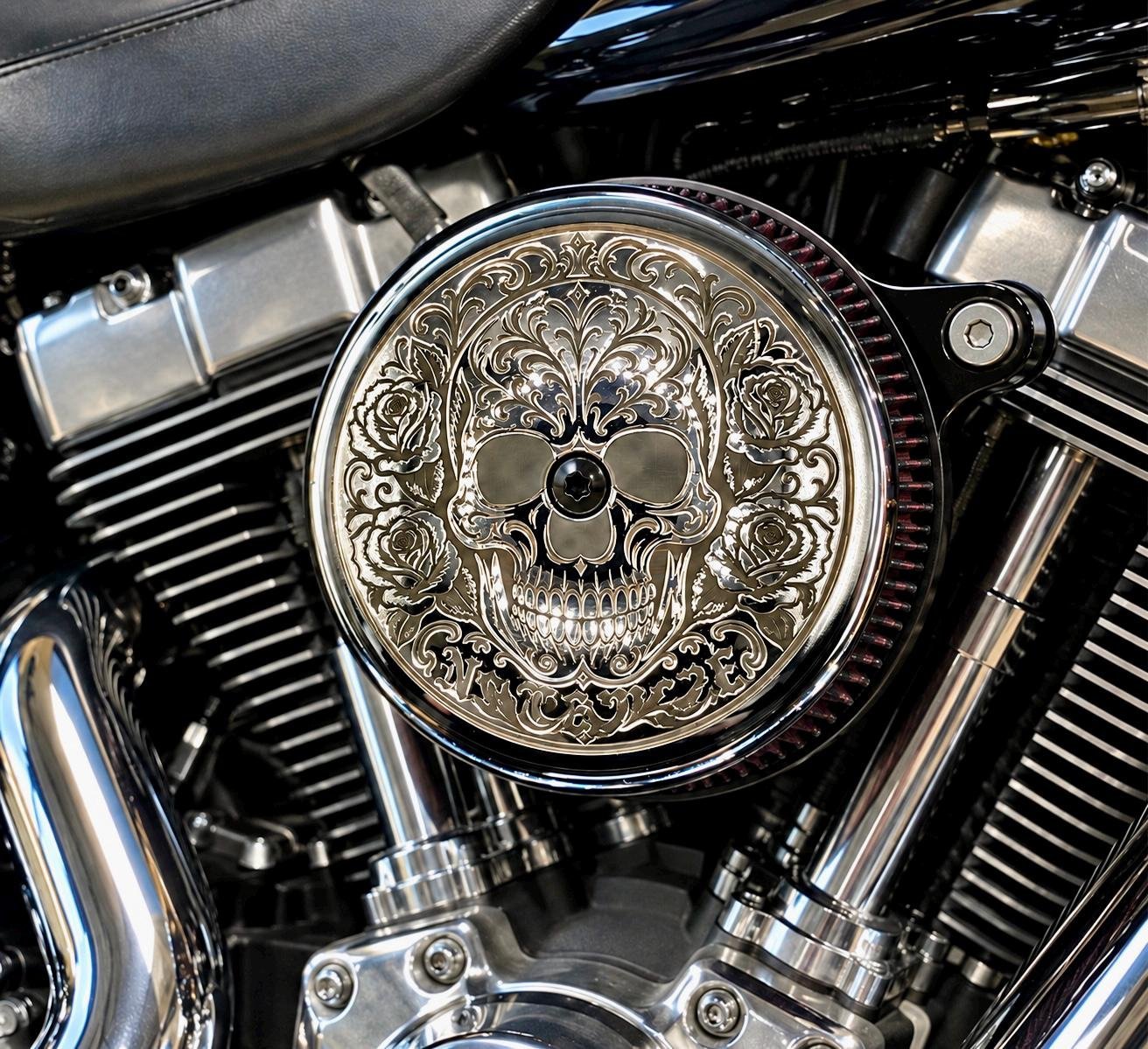 Hand Engraved Harley Air Cleaner Cover – Chicano Sugar Skull & Roses (Signed) custom engraved motorcycle accessory shown in product photos by The Steel Canvas SKU HD-AIR FILTER-01