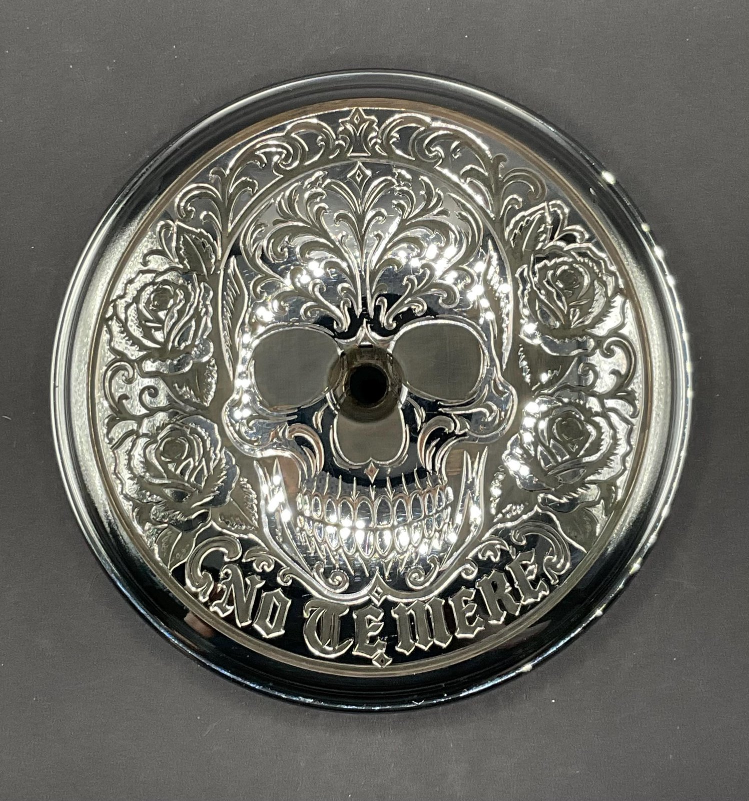Hand Engraved Harley Air Cleaner Cover – Chicano Sugar Skull & Roses (Signed) custom engraved motorcycle accessory shown in product photos by The Steel Canvas SKU HD-AIR FILTER-01