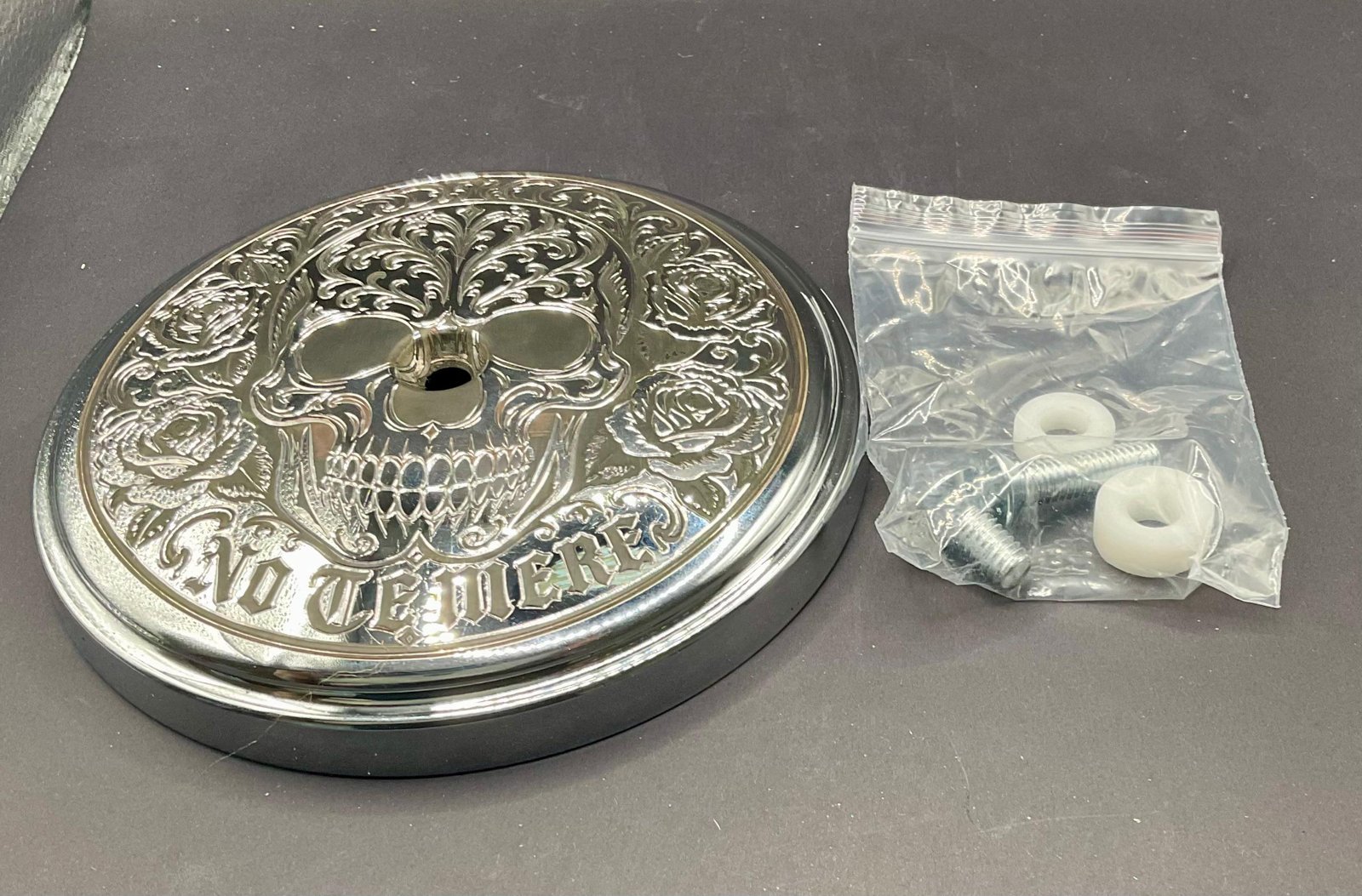 Hand Engraved Harley Air Cleaner Cover – Chicano Sugar Skull & Roses (Signed) custom engraved motorcycle accessory shown in product photos by The Steel Canvas SKU HD-AIR FILTER-01