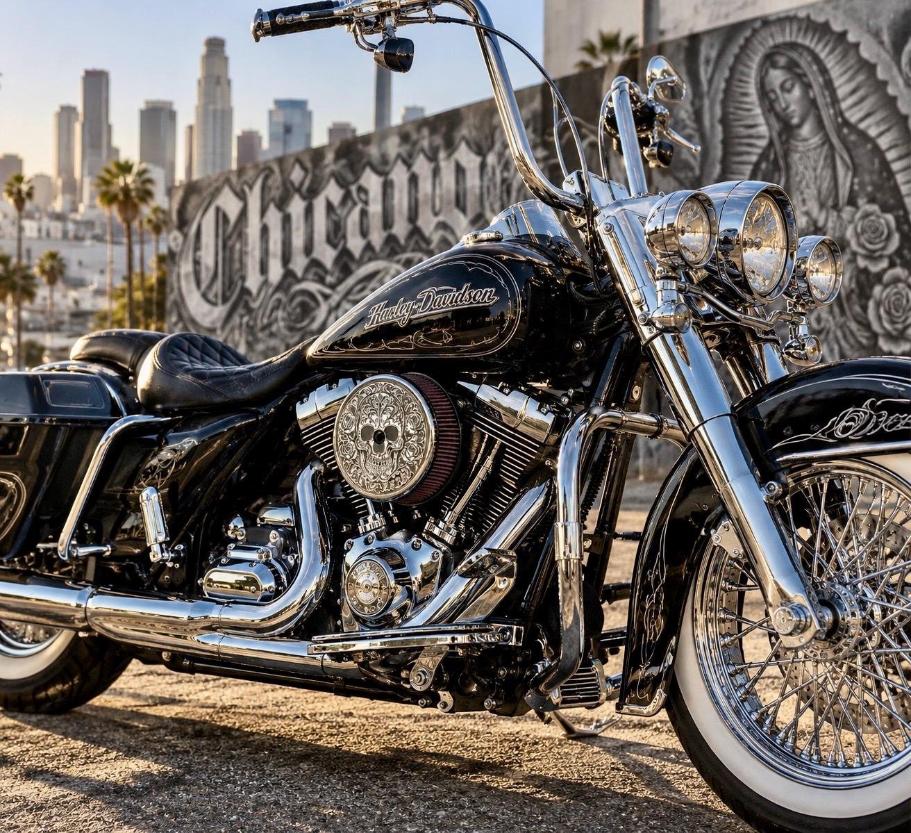Hand Engraved Harley Air Cleaner Cover – Chicano Sugar Skull & Roses (Signed) custom engraved motorcycle accessory shown in product photos by The Steel Canvas SKU HD-AIR FILTER-01